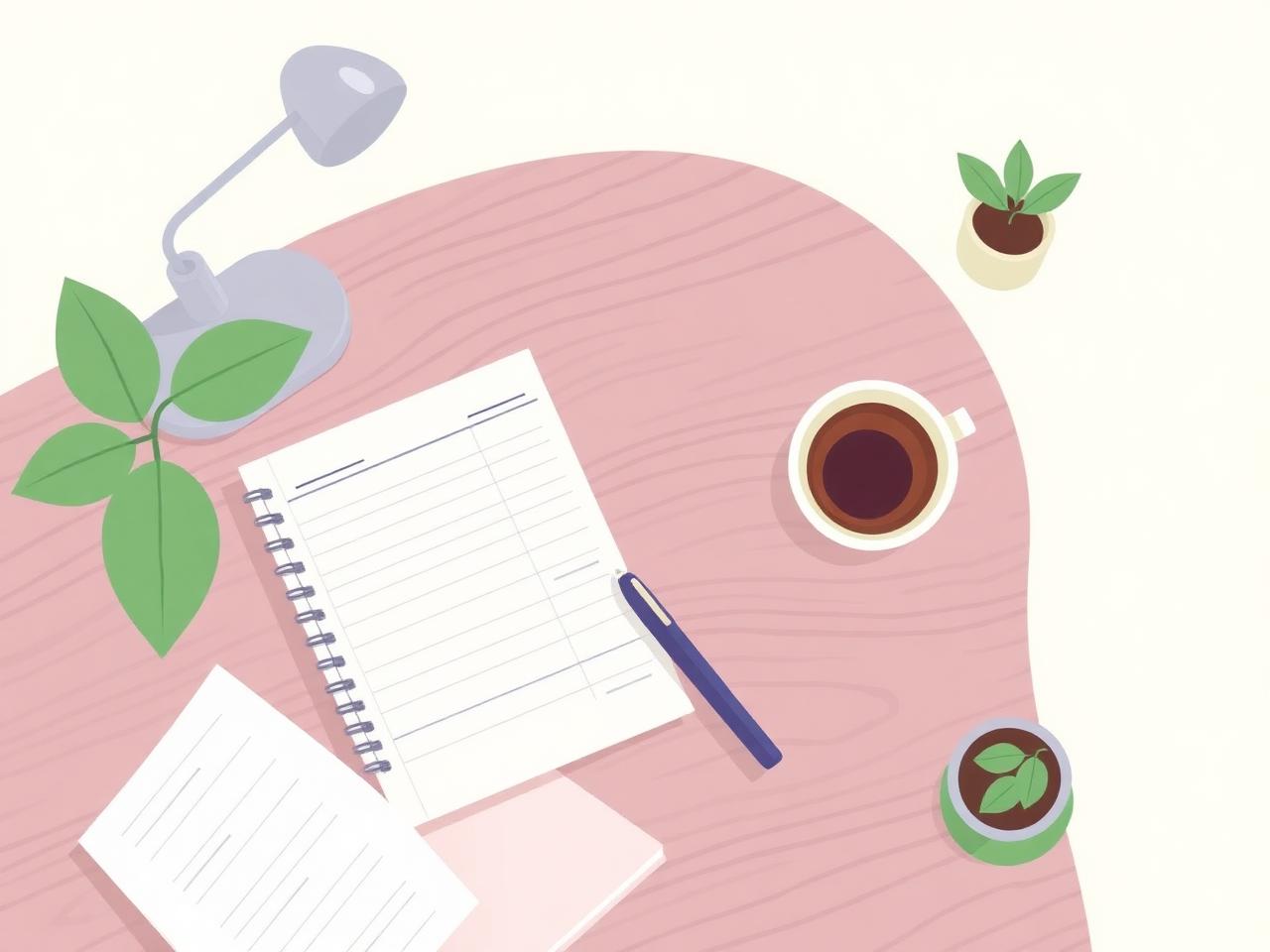 An illustrated checkbook ledger on a desk with a pen and a cup of tea